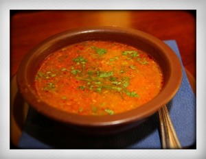 Kharcho traditional Georgian spicy hot soup with herbs